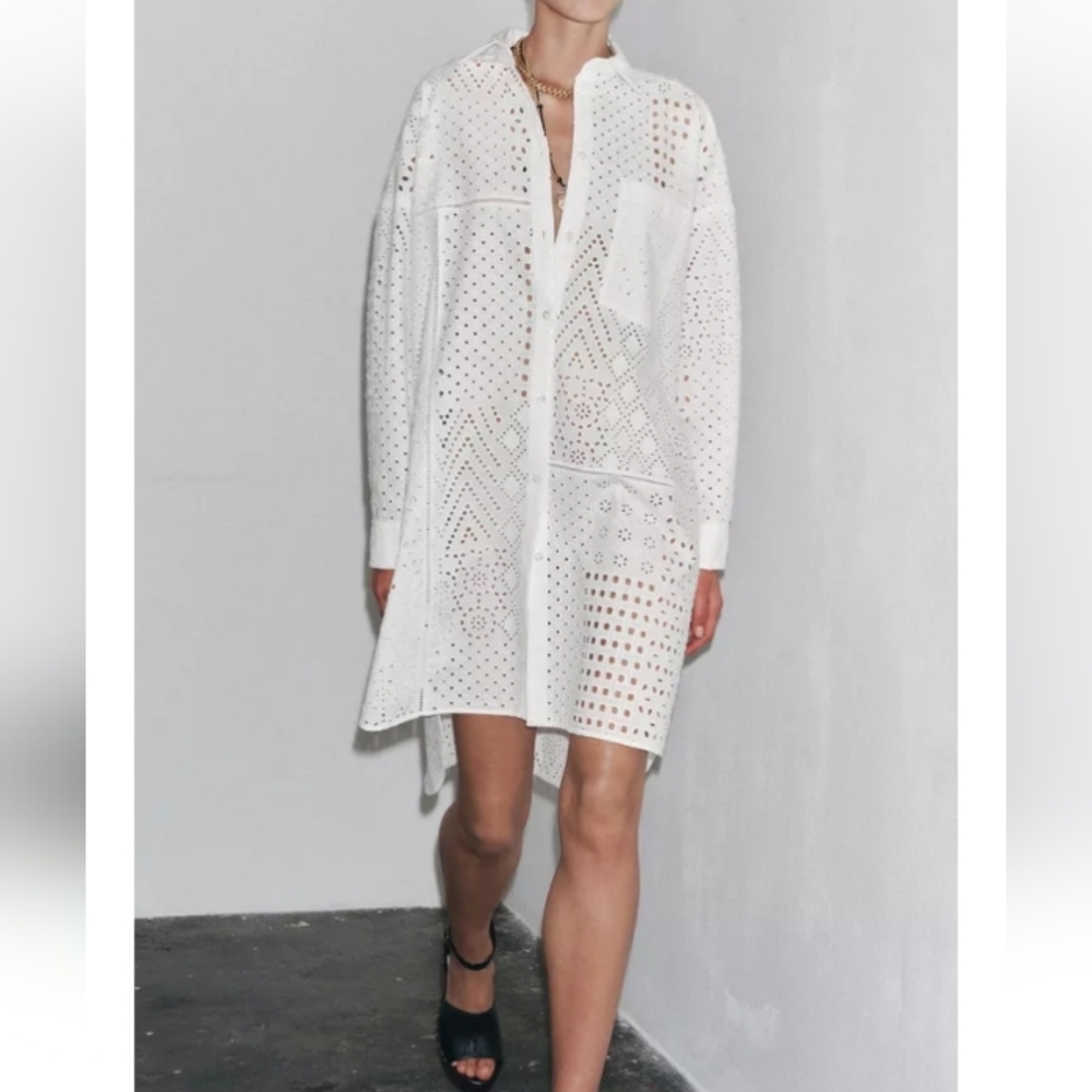 Zara Zw Collection Embroidered Eyelet Casual Patchwork Oversized Shirt Dress